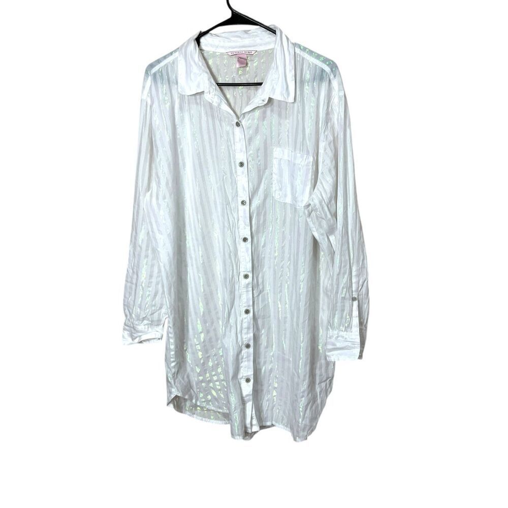 Victoria's Secret White Long Sleeve Button Up Sleep Shirt Shimmer XL